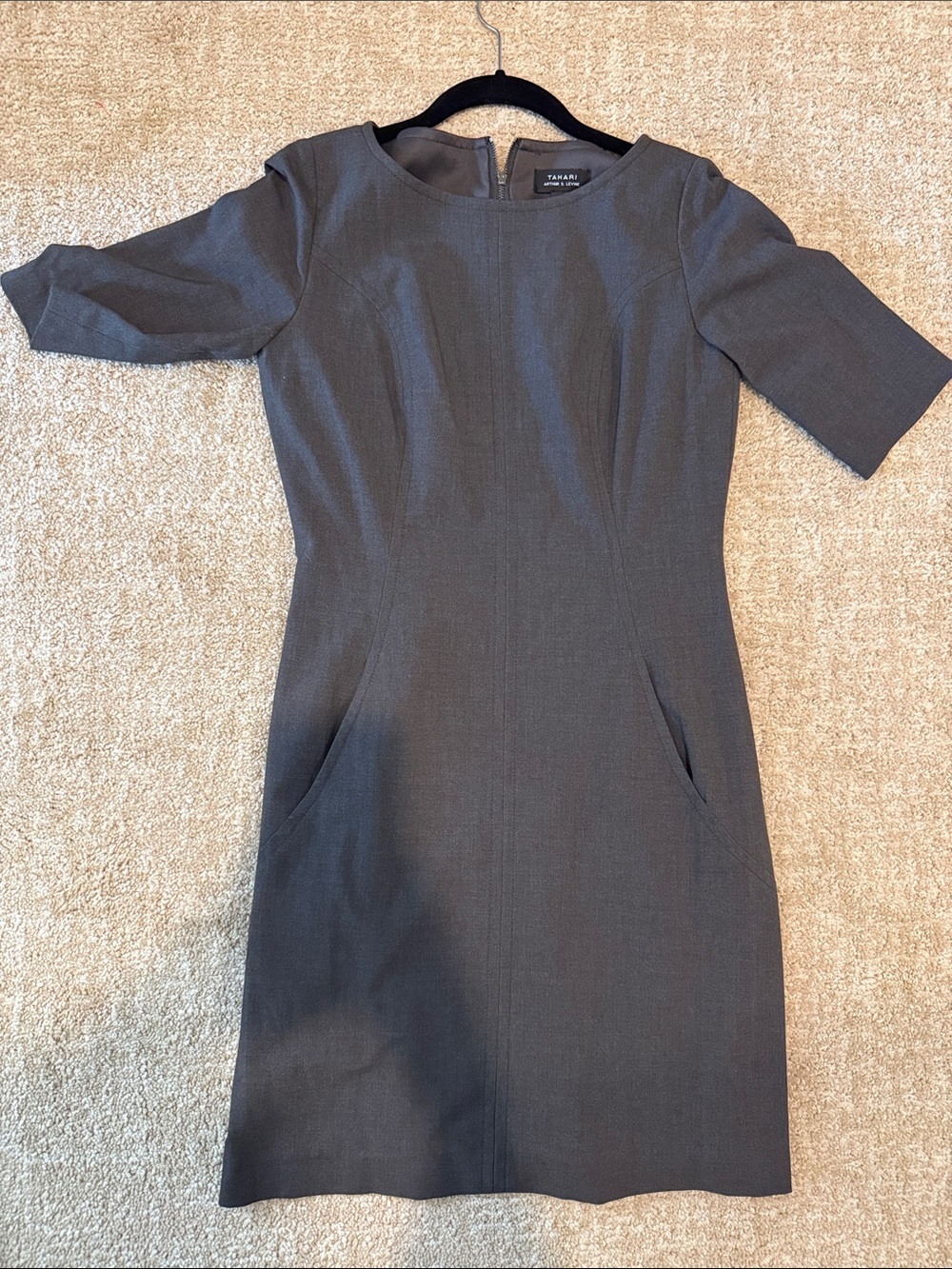 Tahari ASL Charcoal Gray Sheath Dress with Short Sleeves